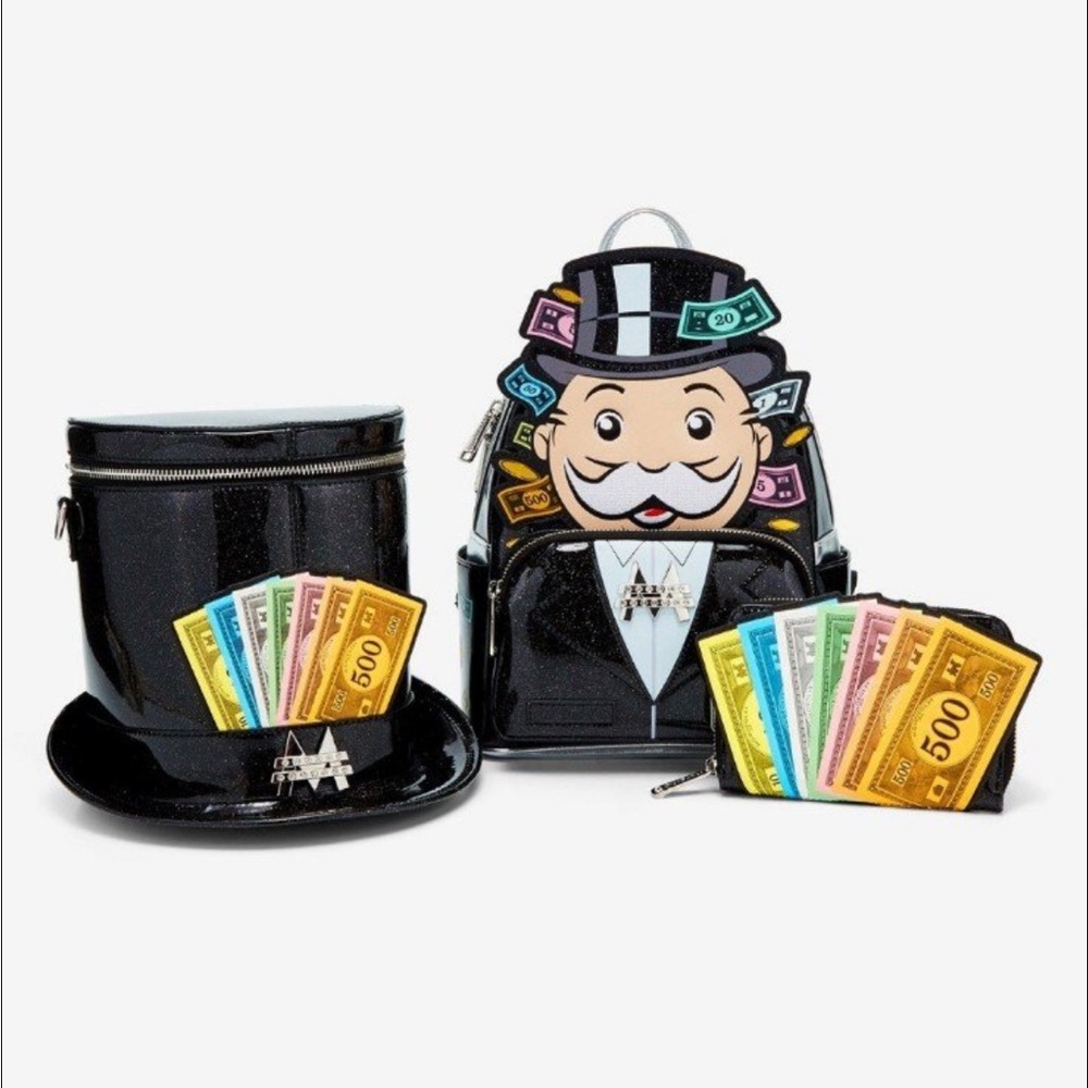 Monopoly collectors Loungefly Backpack, matching wallet, and Hat Set